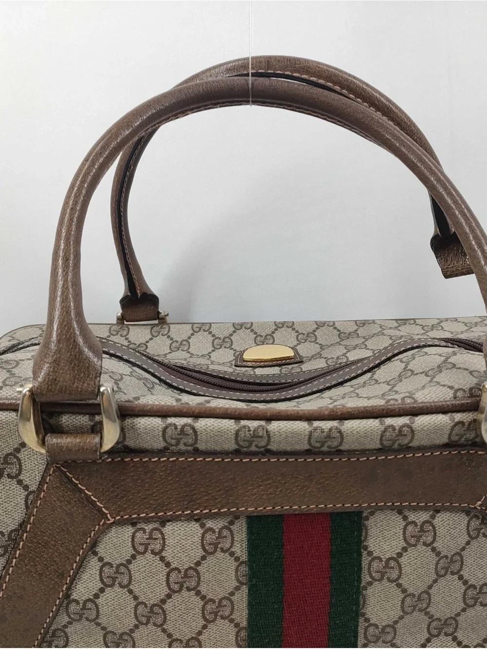 1990’s Duffle Boston 36 Beige-Brown Monogram Canvas Satchel Green-Red Web bag